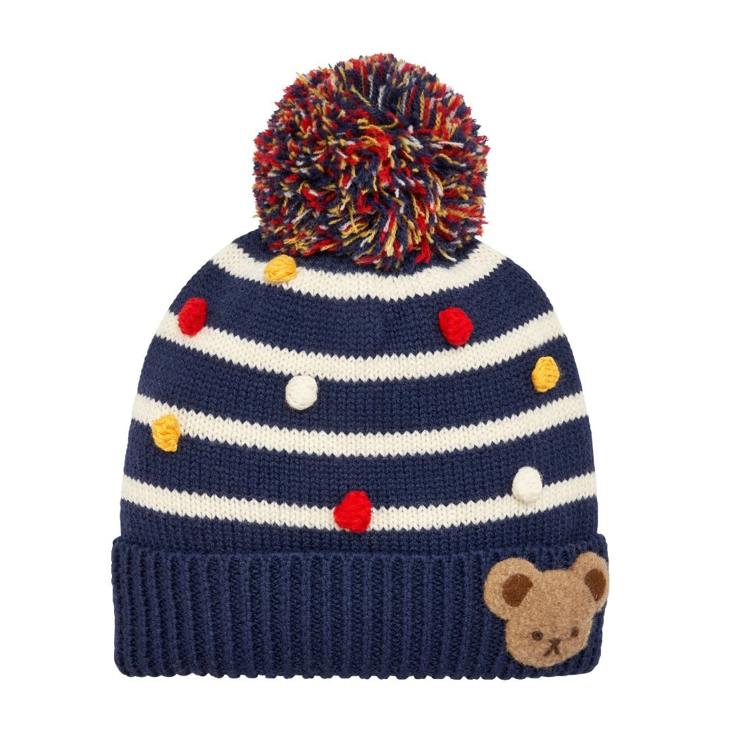 MIKIHOUSE Knit Hat with Teddy Bear Motif-Navy