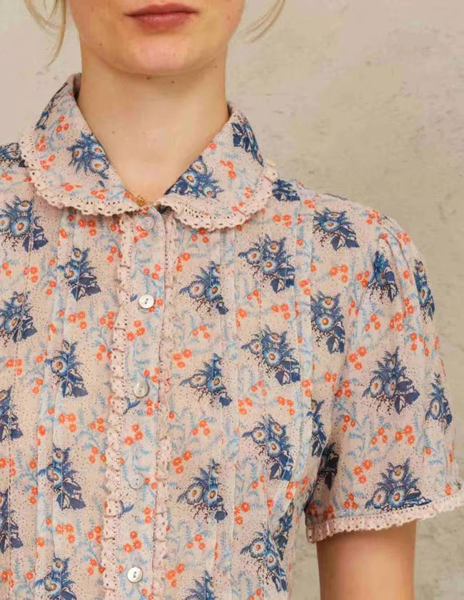 M.A.B.E Aster Blouse – Multi | Floral Cotton Lace Trim Top