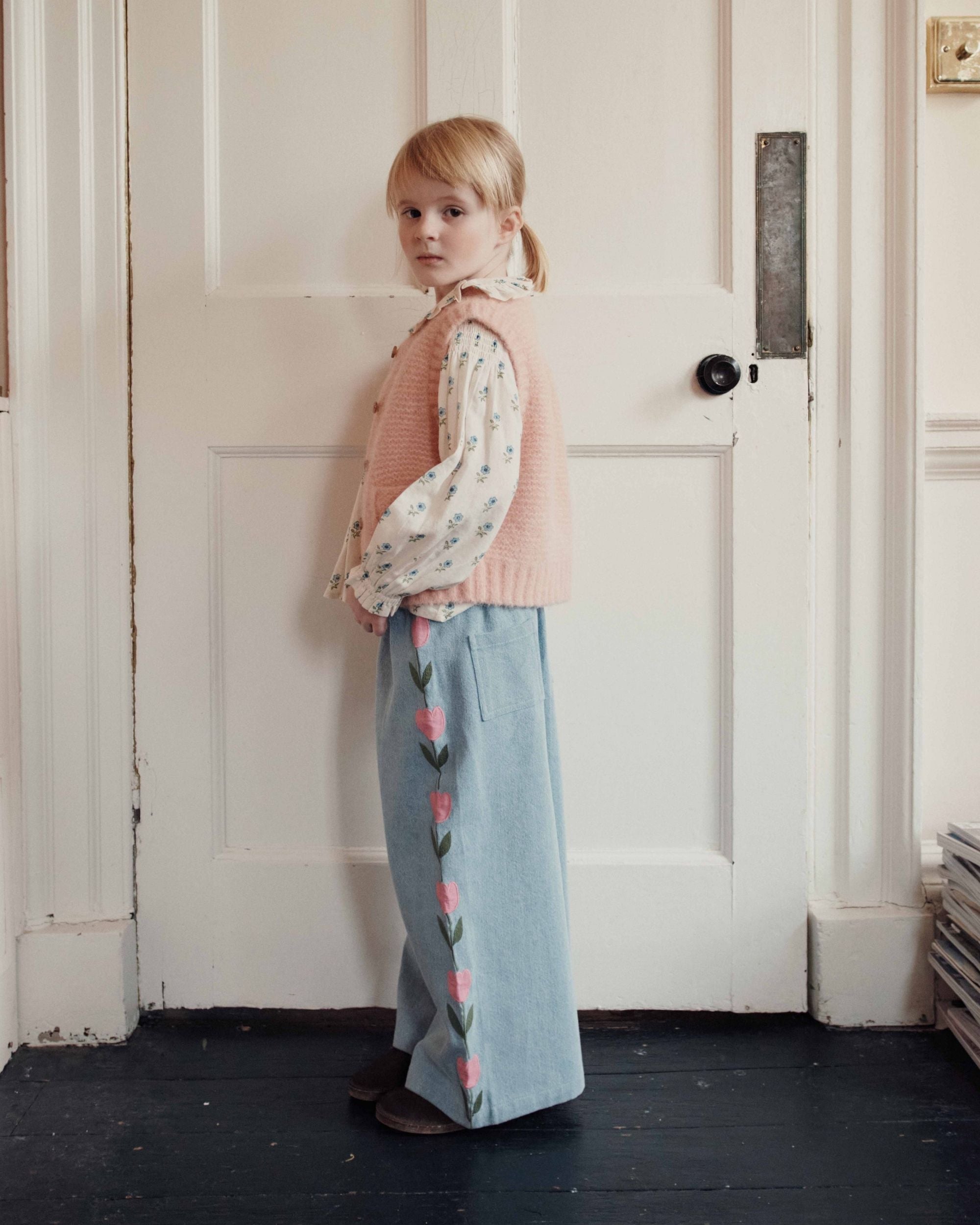 Emile et Ida Light Blue Denim Embroidered Tulip Pants