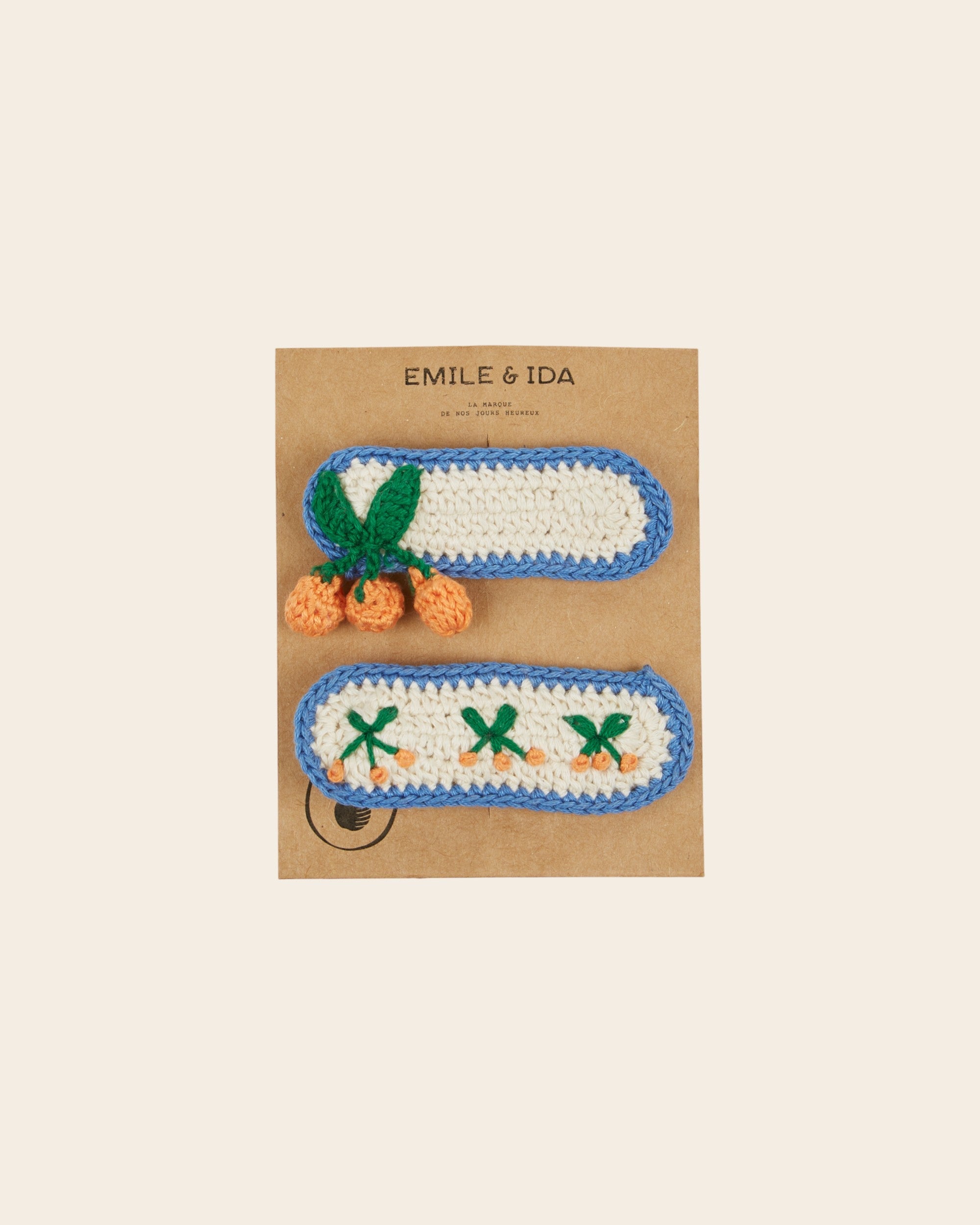 Emile et Ida Blue Crochet Cherry Hair Clip Set