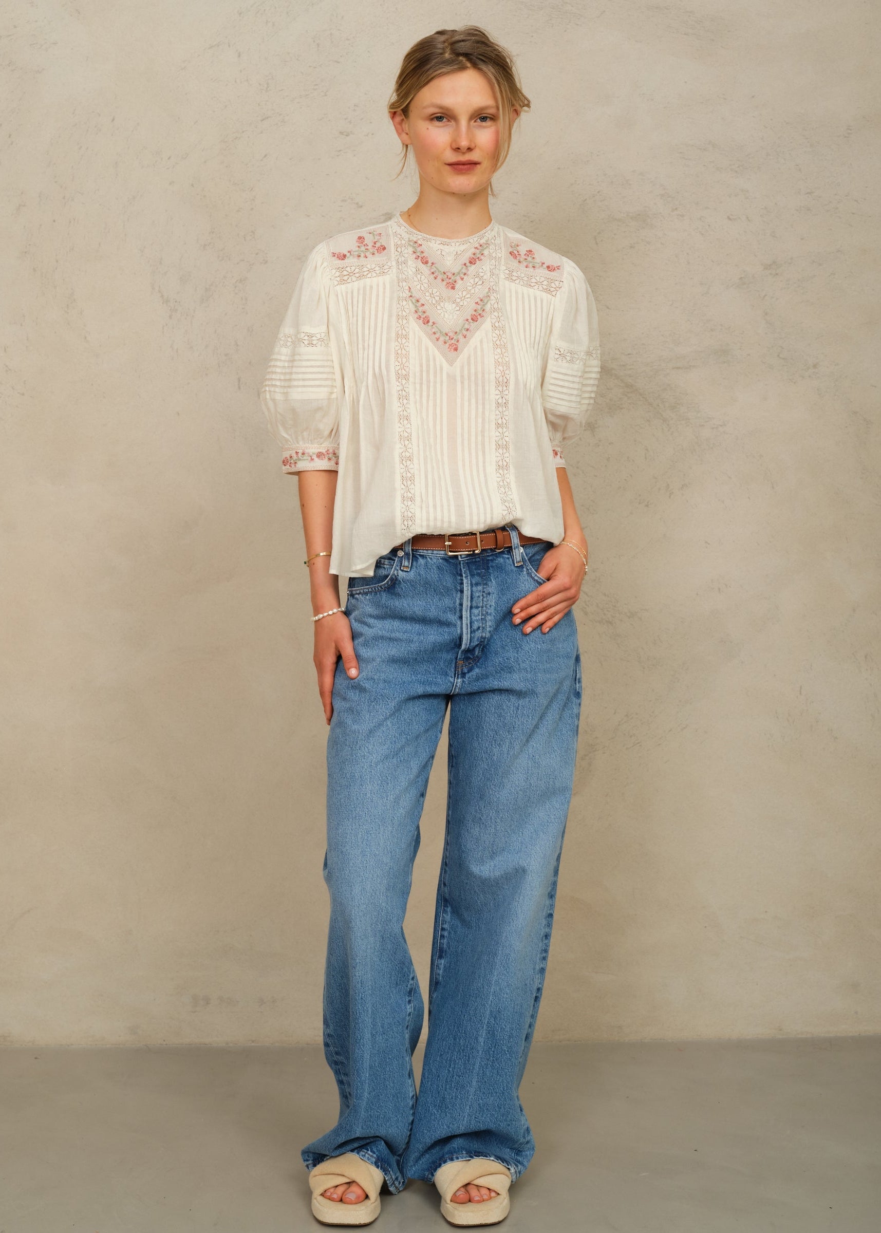 M.A.B.E Fleur Short Sleeve Top - Ecru/Multi