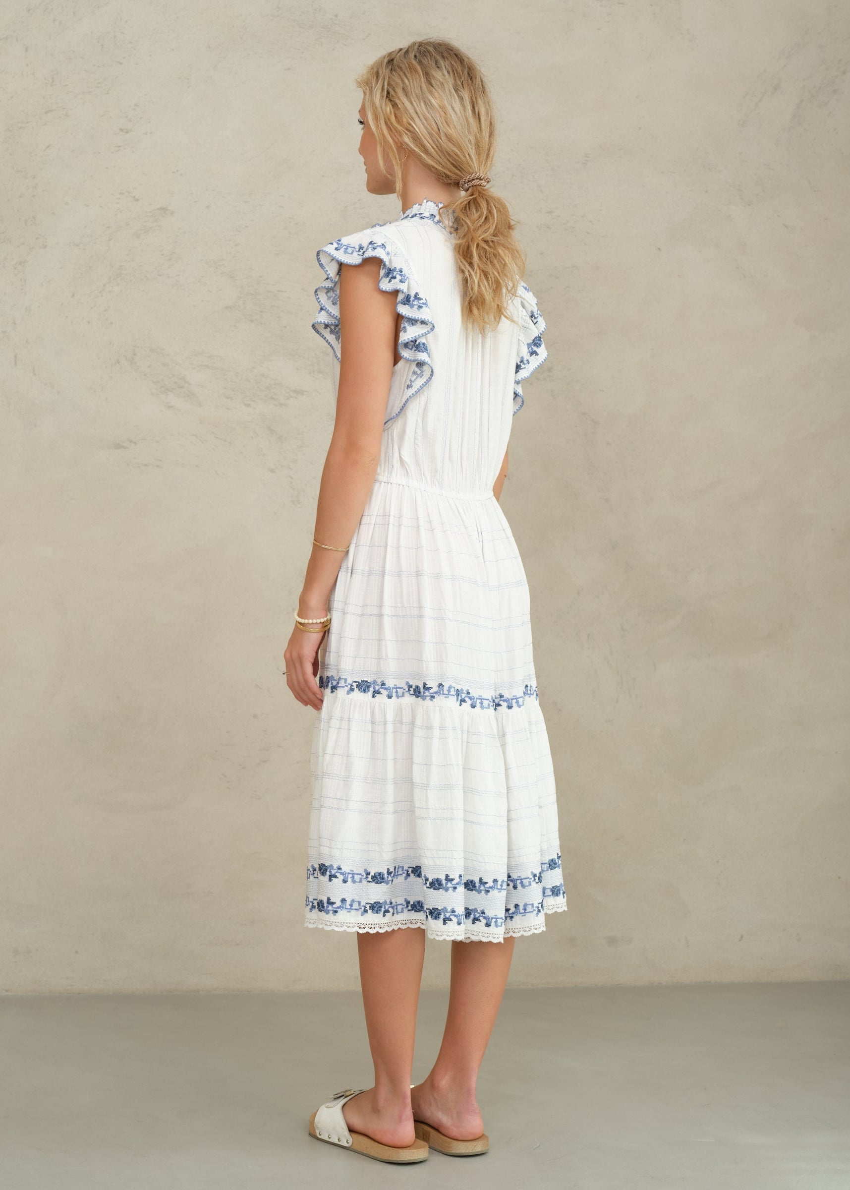 M.A.B.E Halle Frill Dress - Ecru/Blue