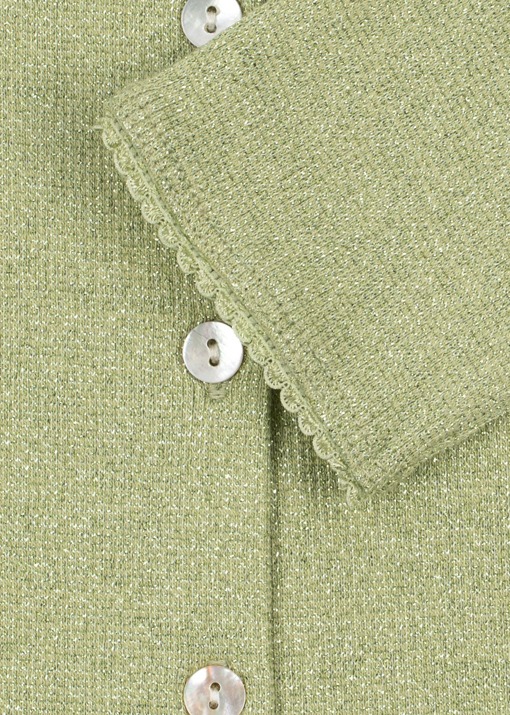 Konges Sløjd Roli Cardigan in Leek Green, picot trim detail
