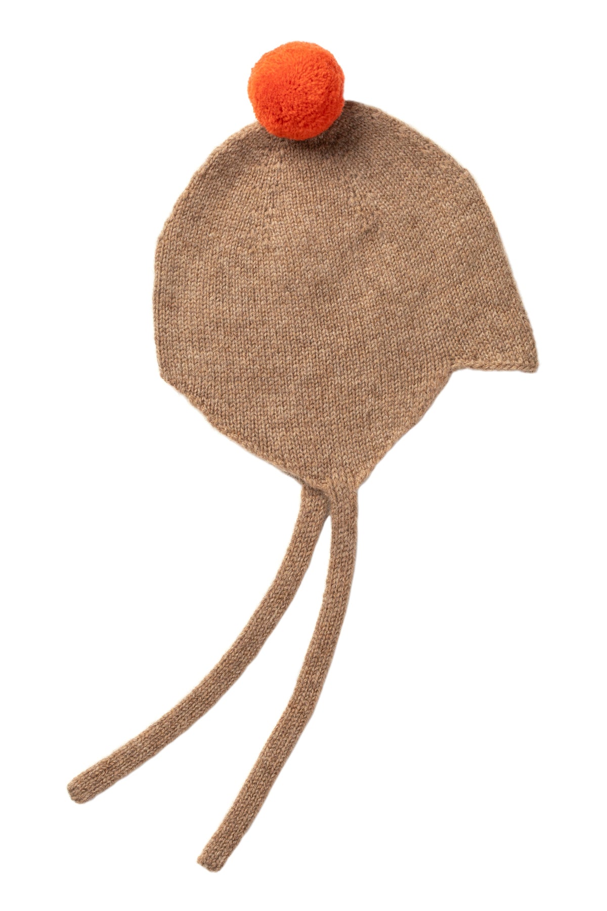 Rosie Sugden cashmere baby bonnet in Mushroom with Flare pom
