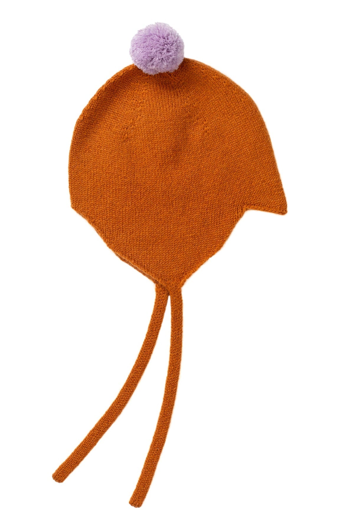 Rosie Sugden cashmere baby bonnet in Ginger with Lupin pom