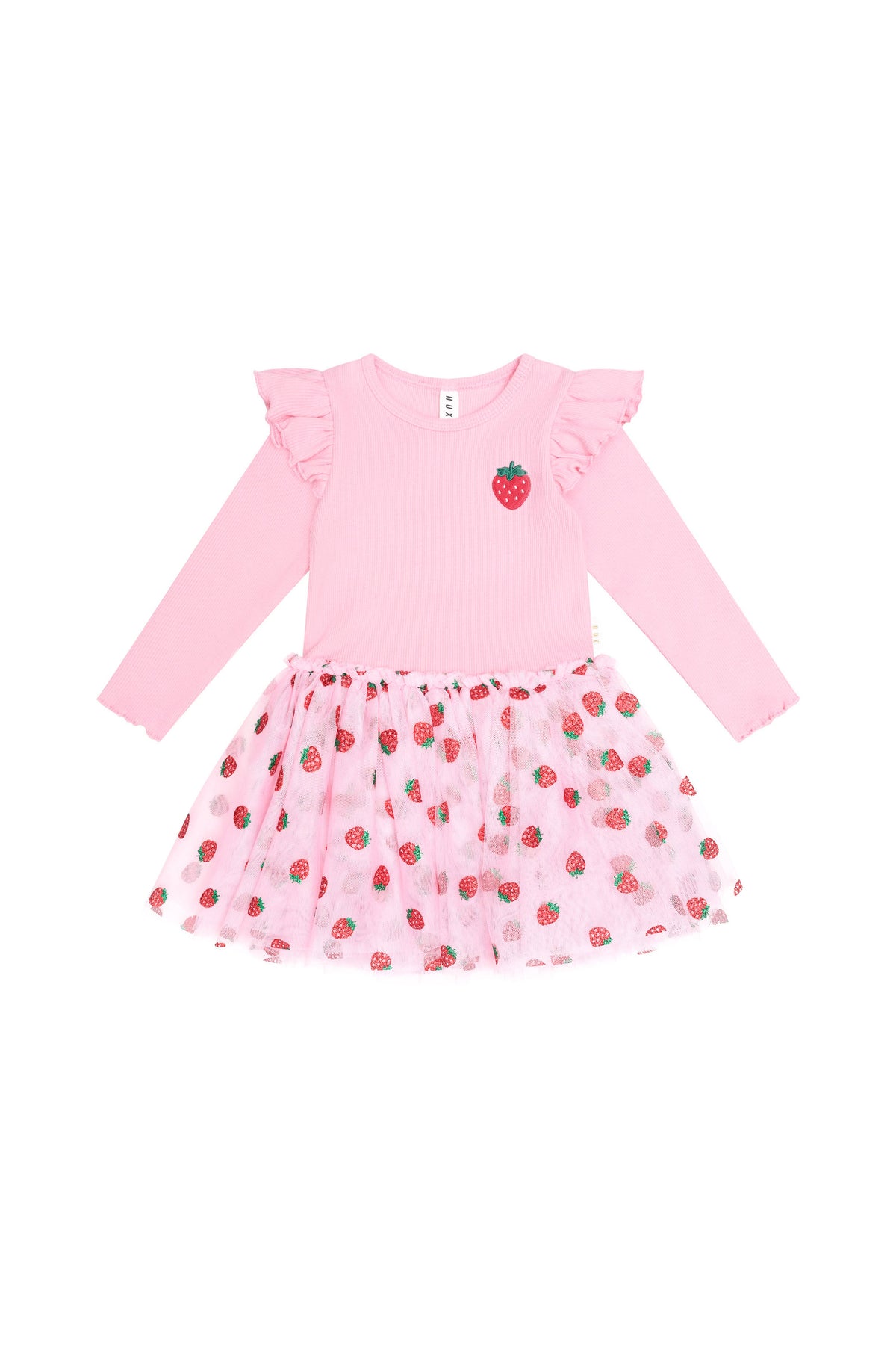 Huxbaby Strawberry Emb Long Sleeve Tulle Dress in Strawberry Crème, front view