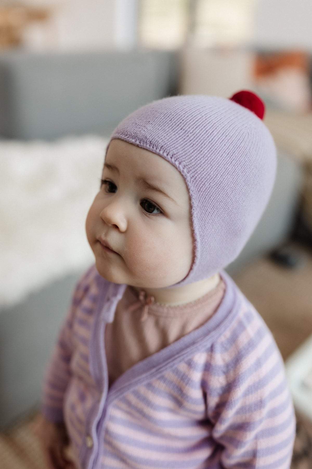 Cashmere Baby Bonnet, Lupin with Chianti Pom - Pom Rosie Sugden