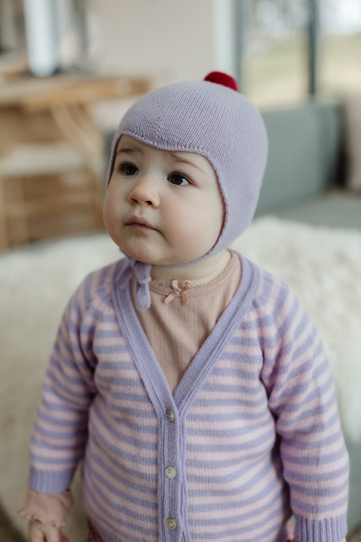 Cashmere Baby Bonnet, Lupin with Chianti Pom - Pom Rosie Sugden