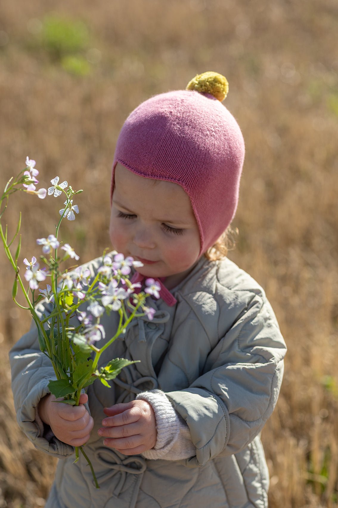 Cashmere Baby Bonnet, Venetian Rose with Gold Dust Pom - Pom Rosie Sugden