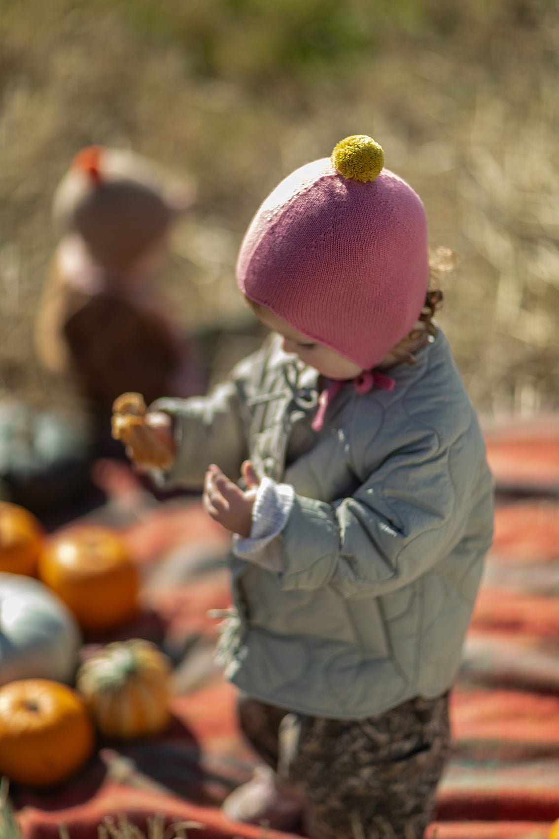 Cashmere Baby Bonnet, Venetian Rose with Gold Dust Pom - Pom Rosie Sugden