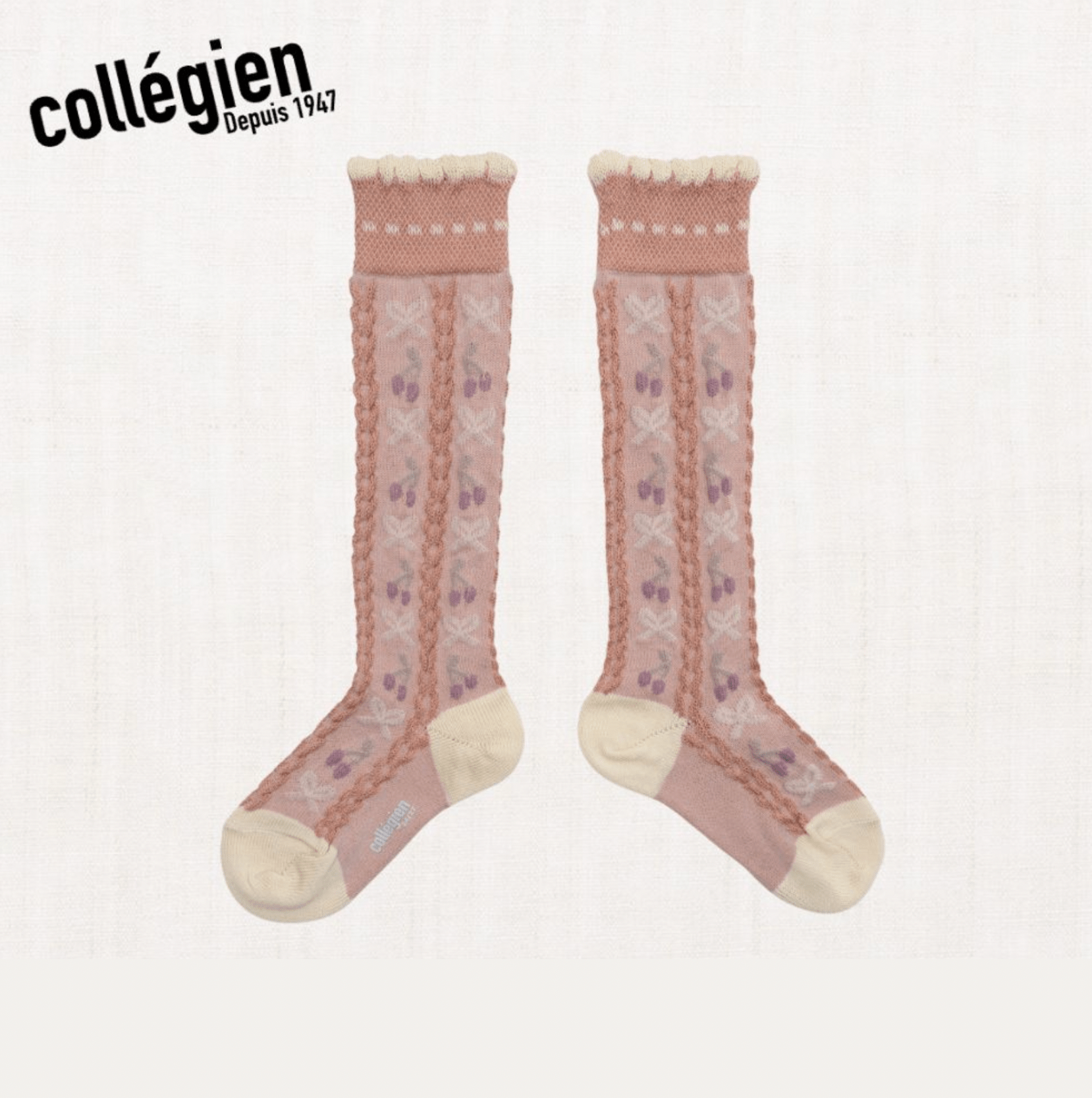 Collégien Cerise Jacquard Cherries & Bows Knee - high Socks – Vieux Rose Collégien