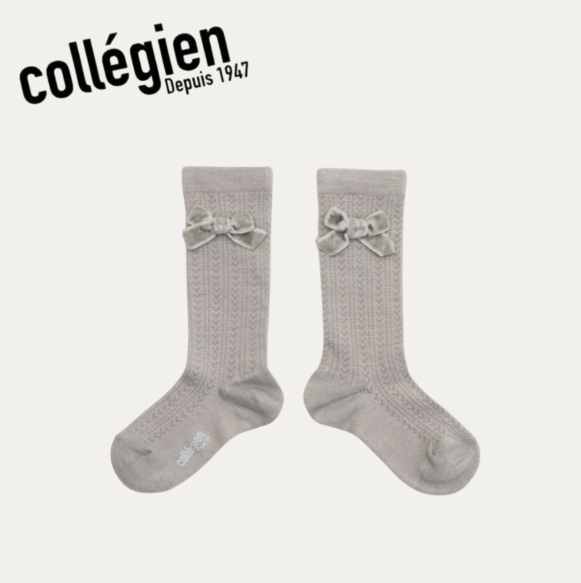 Collegien Isaure Pointelle Merino Knee - high Socks with Velvet Bow – Gris Perle Collégien
