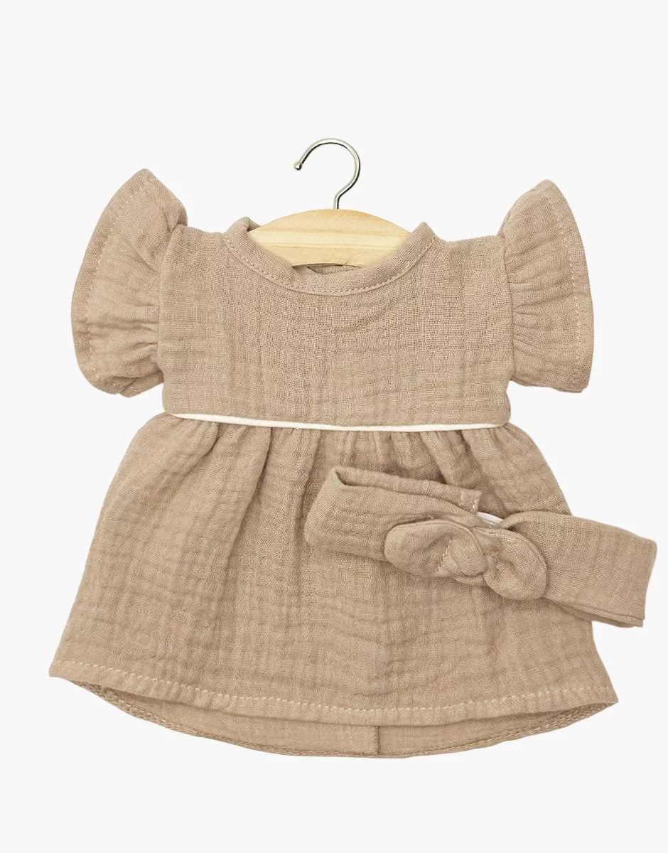 Minikane Daisy Cotton Gauze Dress & Bow Headband – Mocha for 13” Gordis Dolls