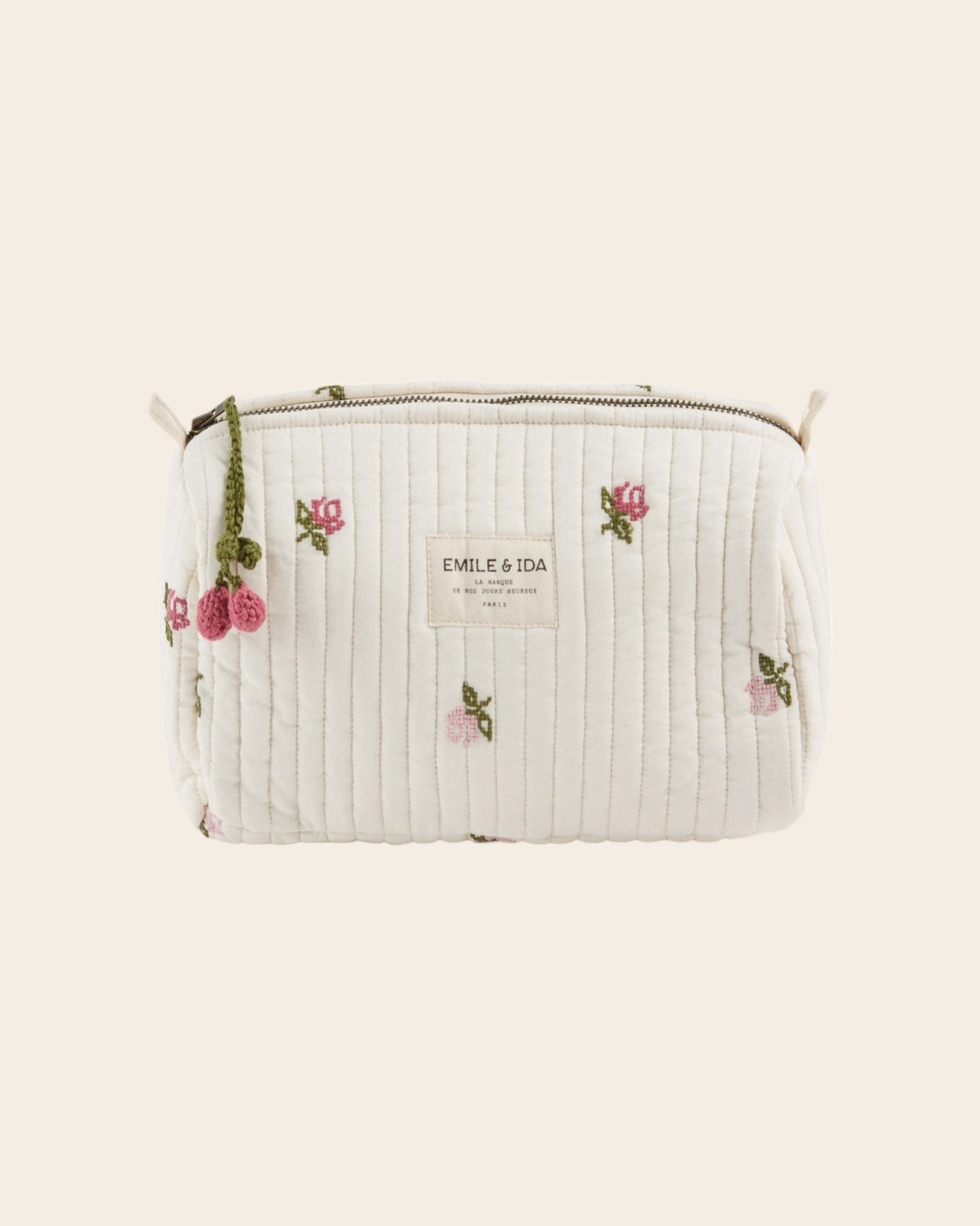 Emile et Ida Ecru Embroidered Rose Toiletry Bag Emile et ida