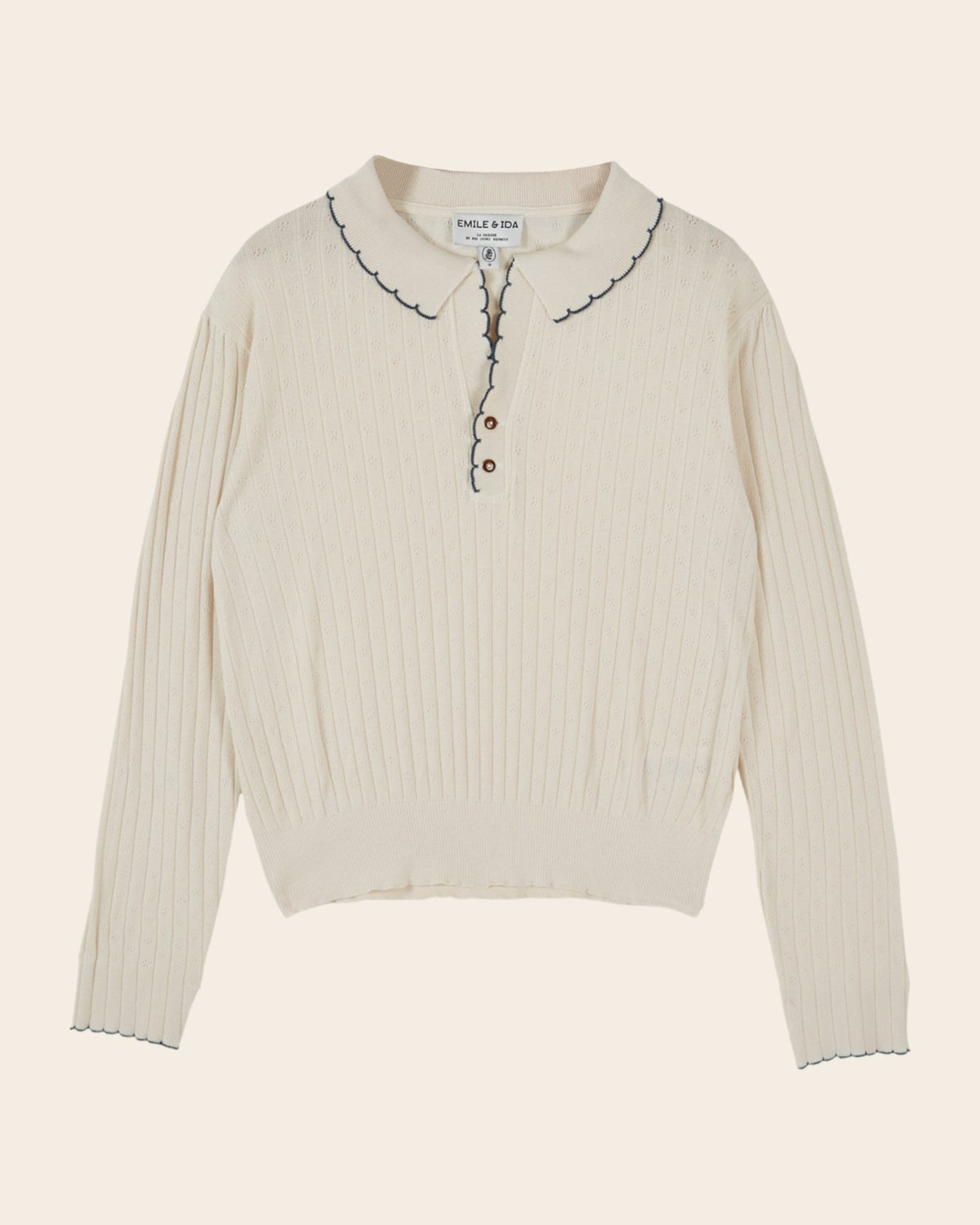 Emile et Ida Ecru Pointelle Long-Sleeve Polo