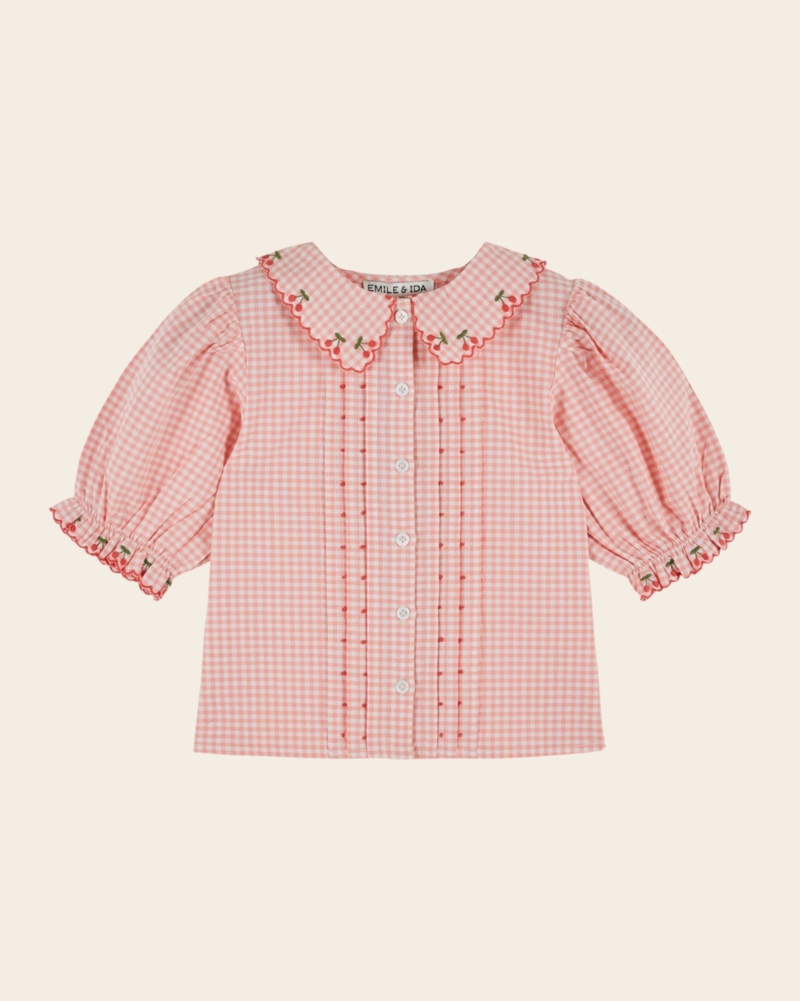 Emile et Ida Pink Gingham Embroidered Girls Blouse Emile et ida