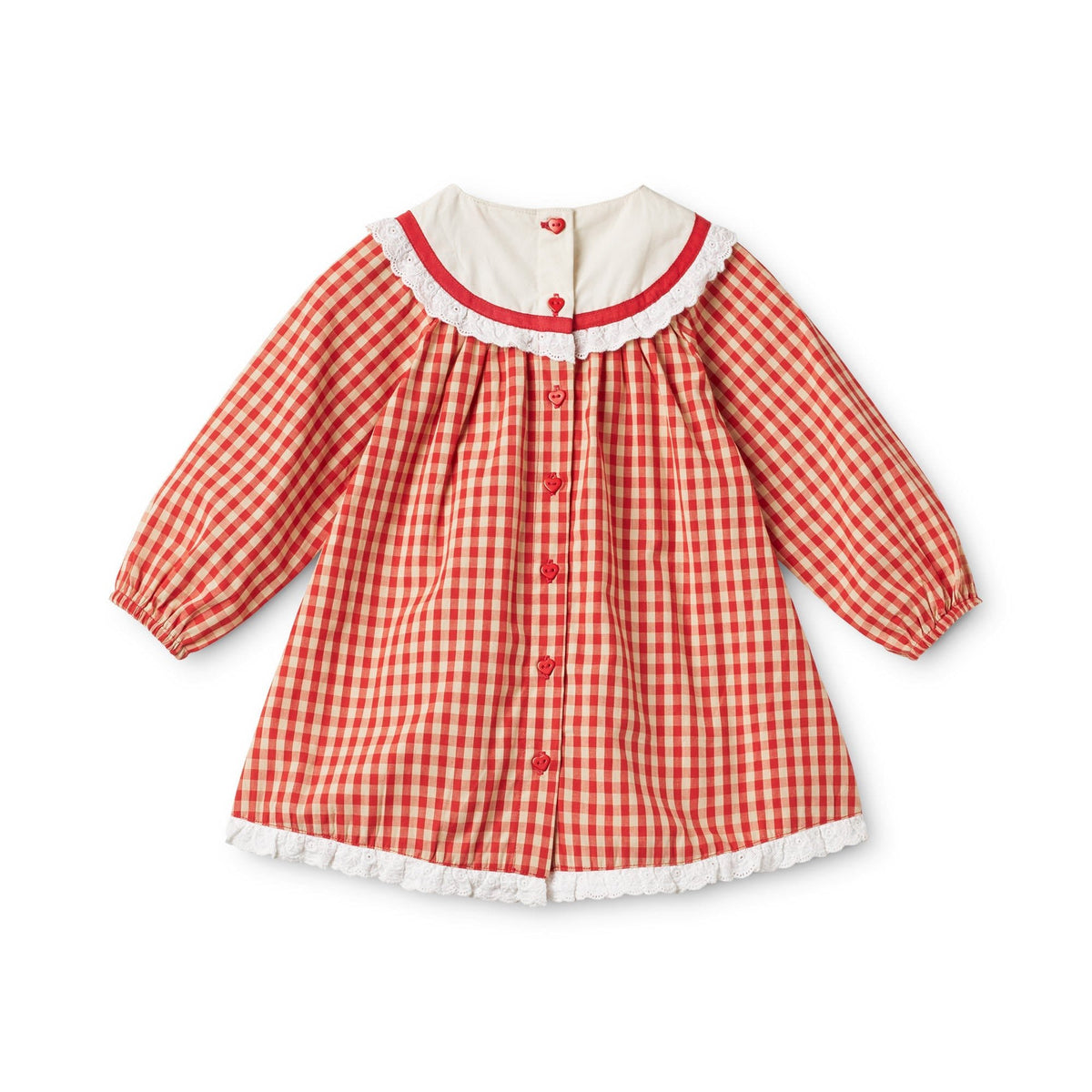 Back view of Flöss Lucia Poppy Red Gingham dress with white ruffle trim