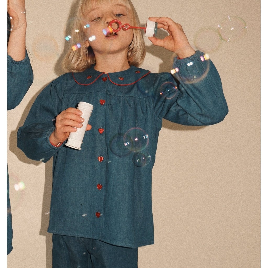 Flöss Vilma Blouse – Mid Blue Strawberry | Kids Denim Top Flöss