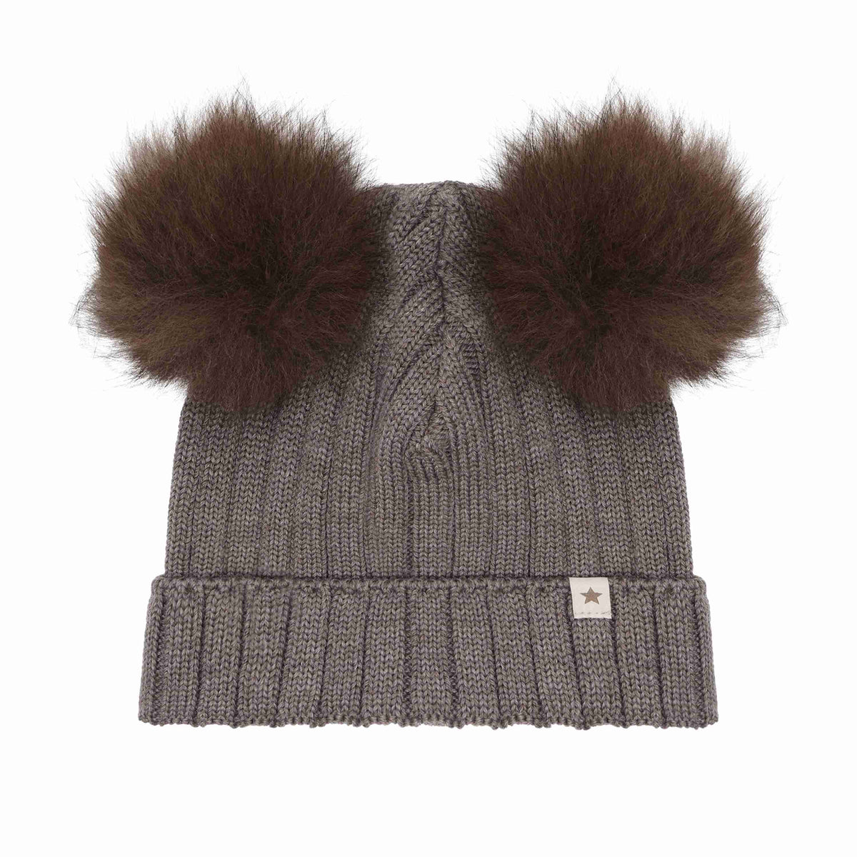 Huttelihut Wool Knit Hat with Alpaca Pompoms in Brown Melange - product view