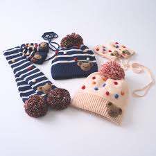 MIKIHOUSE Knit Hat with Teddy Bear Motif-Ivory