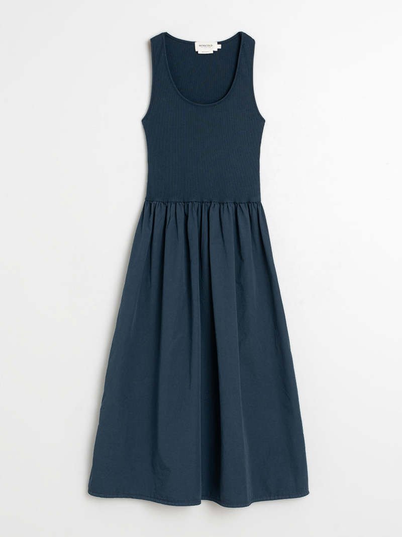 Indi & Cold Navy Poplin Midi Dress – Ribbed Bodice Cotton INDI&COLD