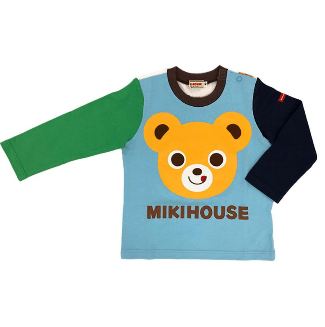Miki House Bear Graphic Long Sleeve T-Shirt – Colorblock Sleeves MIKI HOUSE
