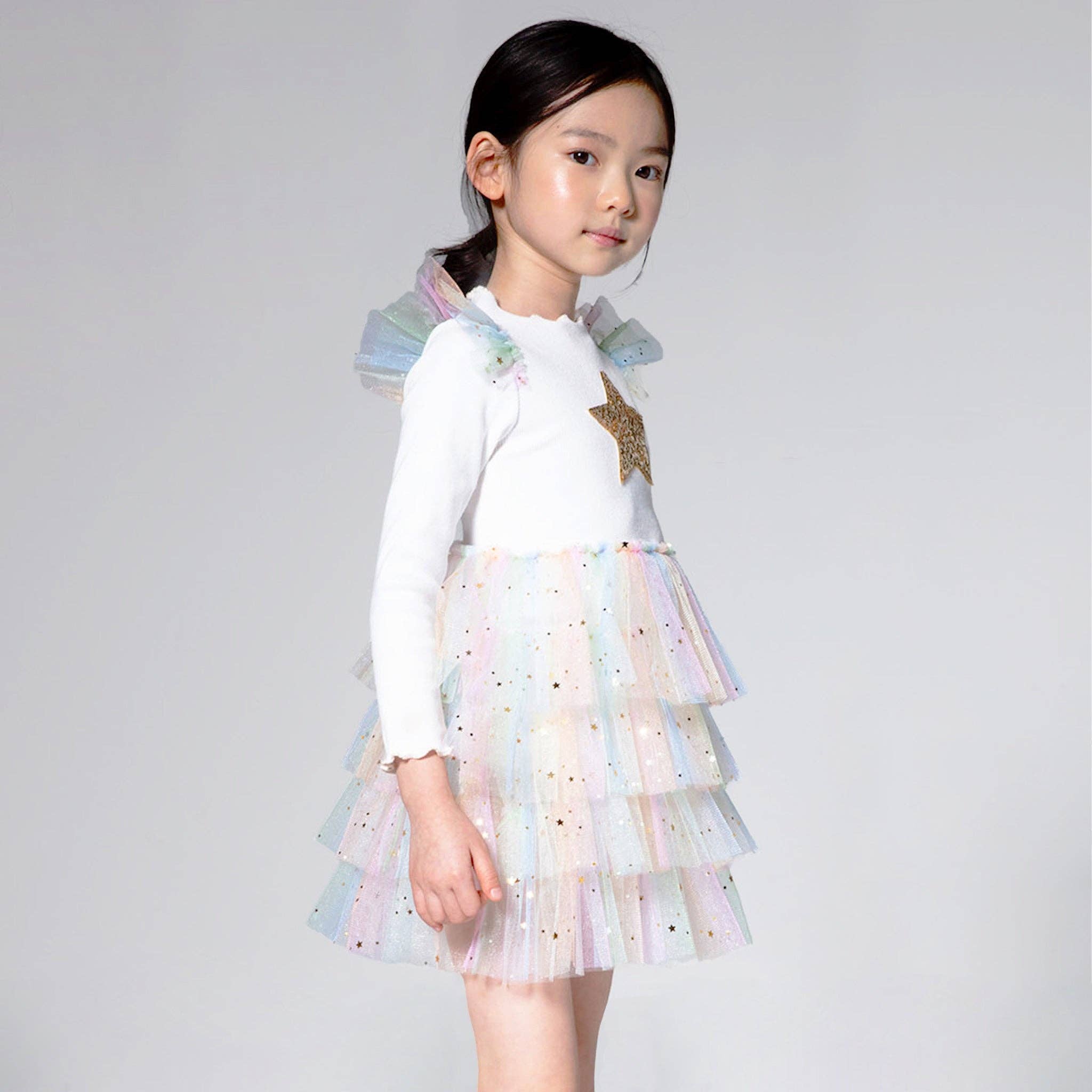 Petite Hailey - Frill Layered Tutu Dress - White Multi with Golden Stars Petite Hailey