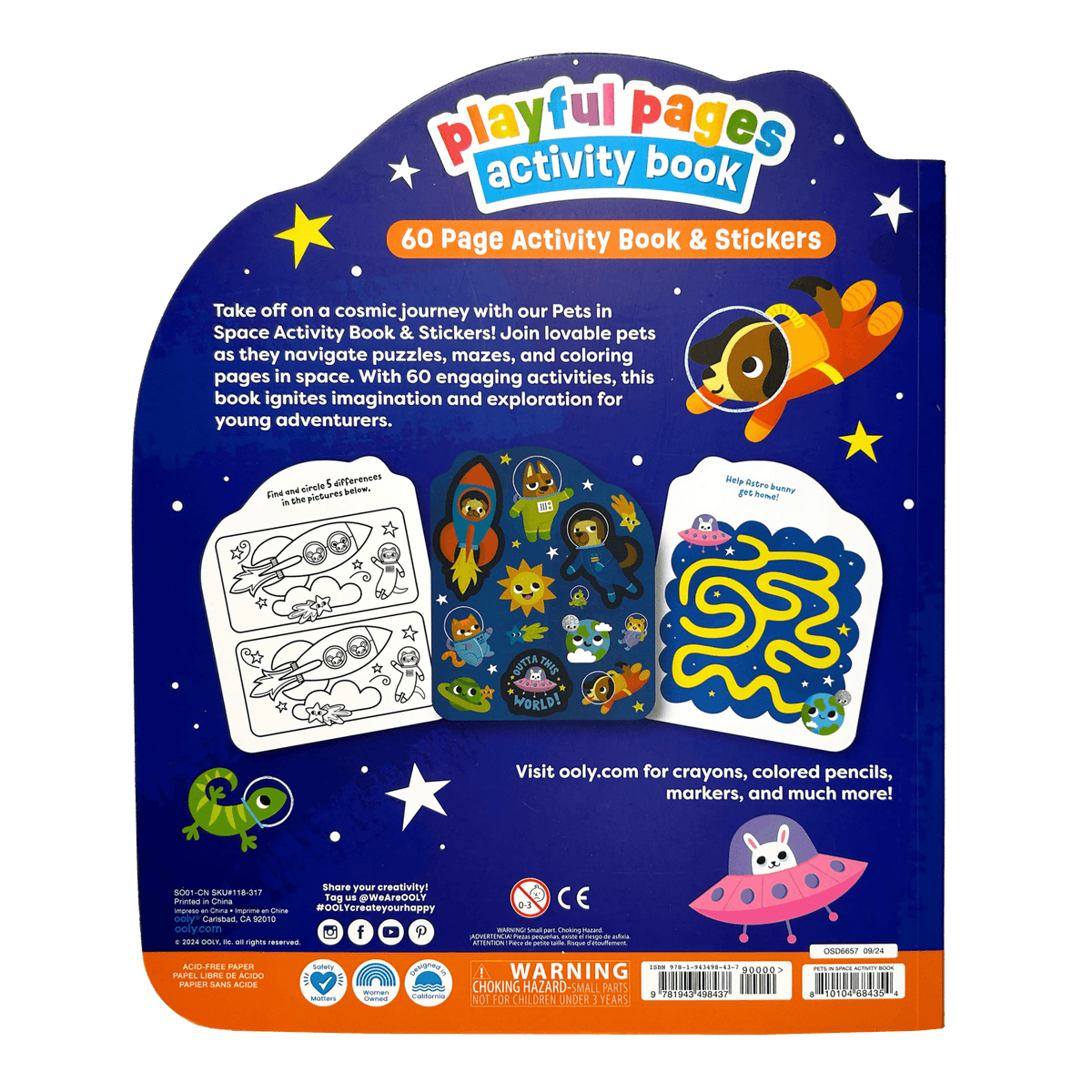 Playful Pages Activity Book - Games Coloring Stickers - Pets in Space OOLY