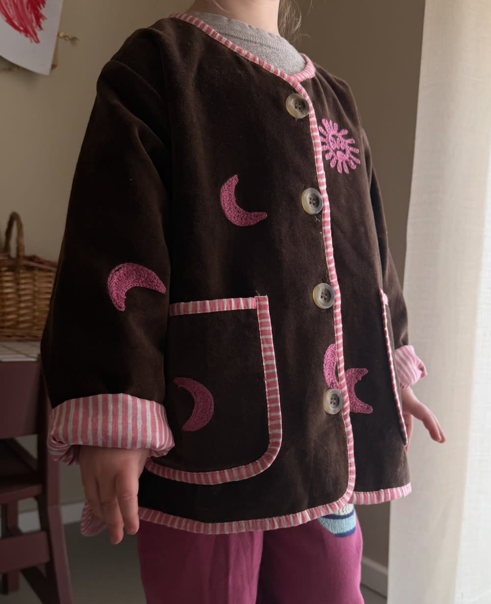 Sissel Edelbo close-up of the brown velvet and pink moon embroidery