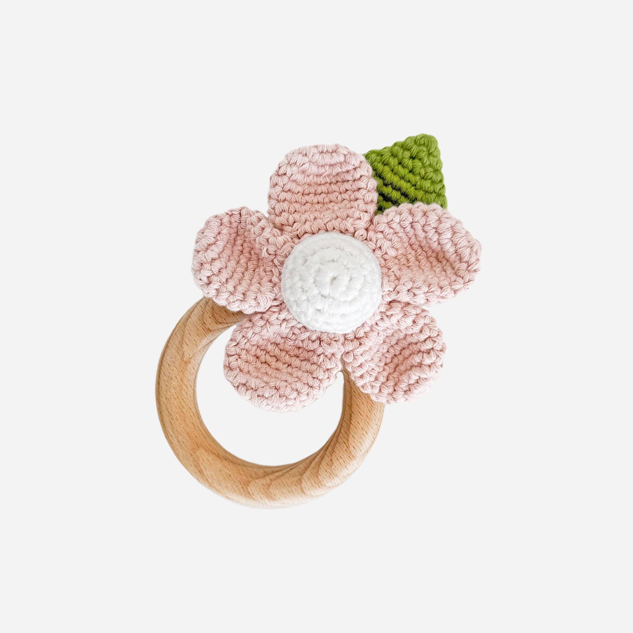 The Blueberry Hill - Cotton Crochet Rattle Teether Flower Baby Toy Spring Summer The Blueberry Hill