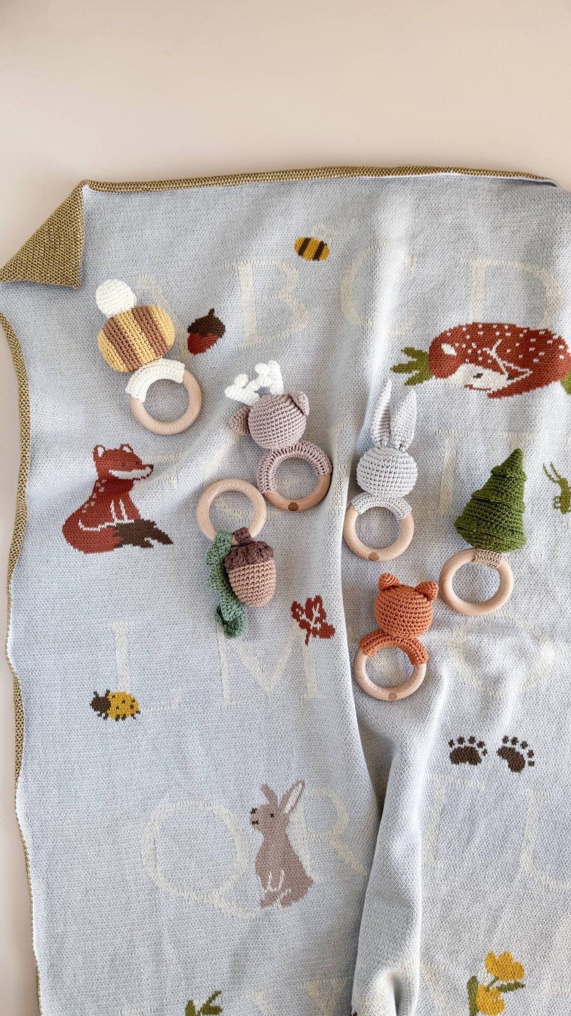 Blueberry Hill Grey Bunny Crochet Baby Teether & Rattle