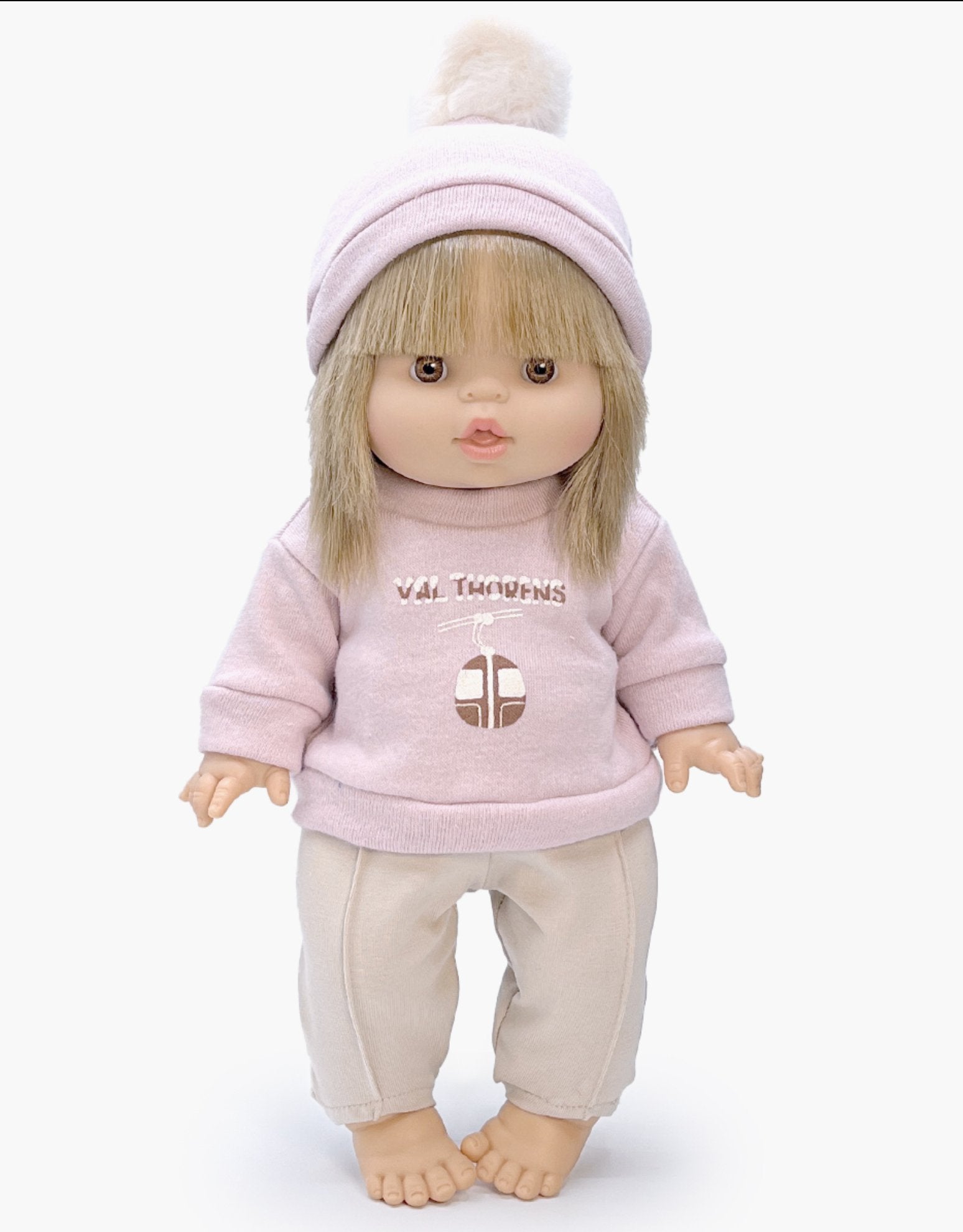 Doll | 13" Baby Girl Doll - Achille “Val Thorens” petal pink fleece sweatshirt and linen jersey leggings with hat set Minikane