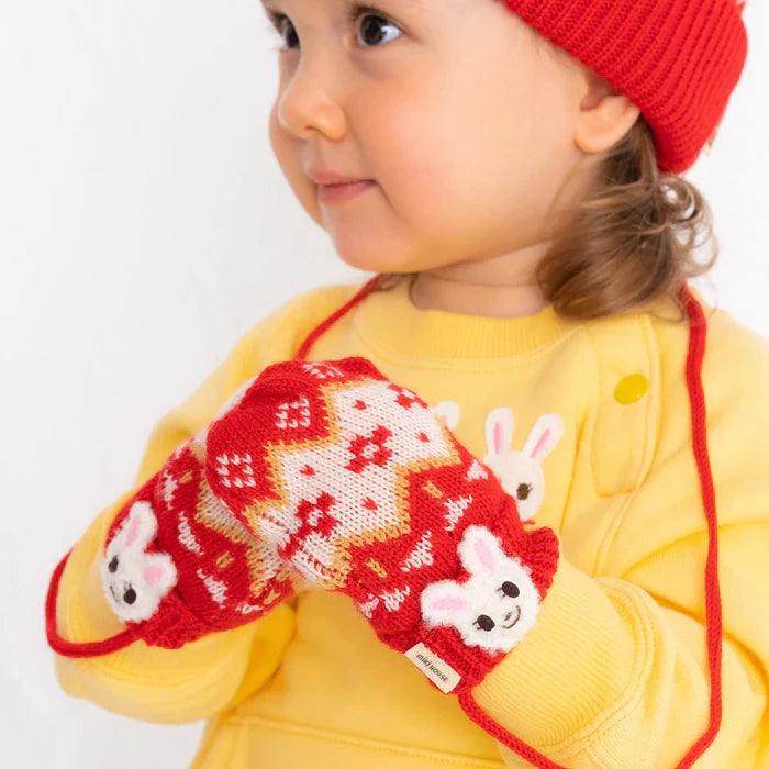 MIKIHOUSE Knitted Mittens with Character Motif-Red