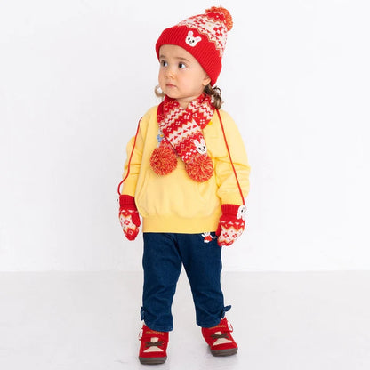 MIKIHOUSE Knitted Mittens with Character Motif-Red