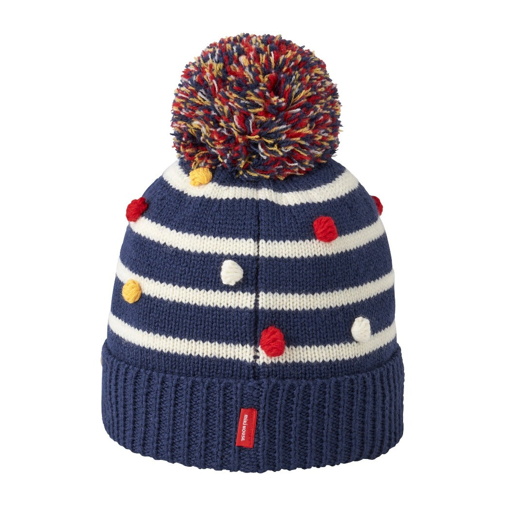 MIKIHOUSE Knit Hat with Teddy Bear Motif-Navy