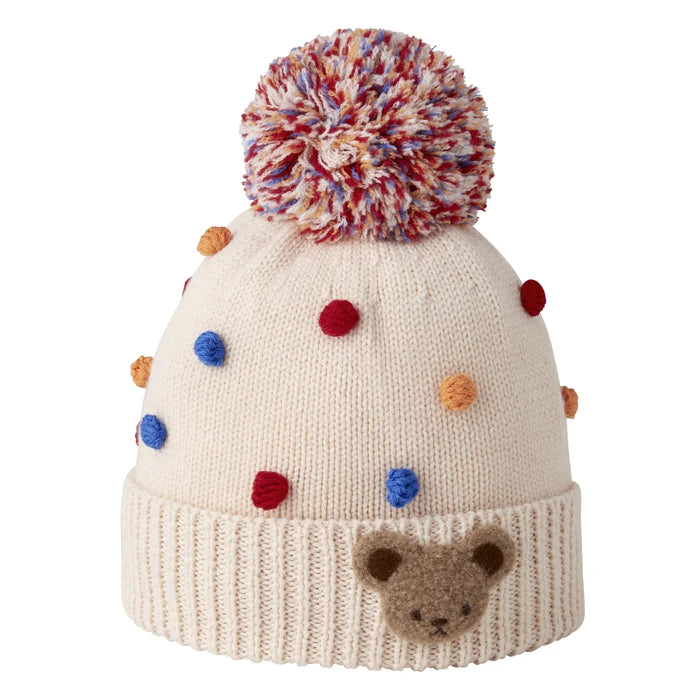 MIKIHOUSE Knit Hat with Teddy Bear Motif-Ivory