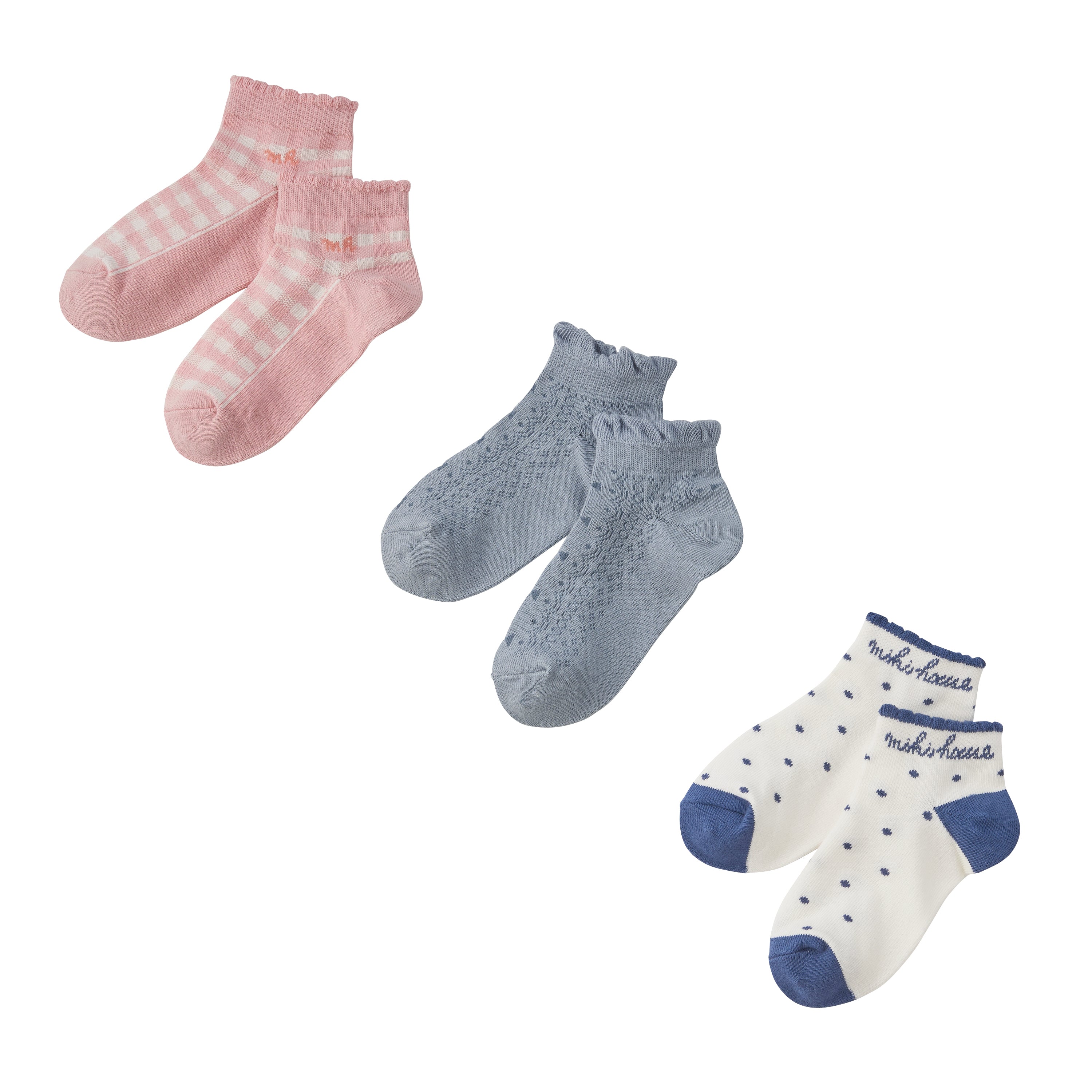 MIKI HOUSE 3 pack Sock set-pink/white stripe
