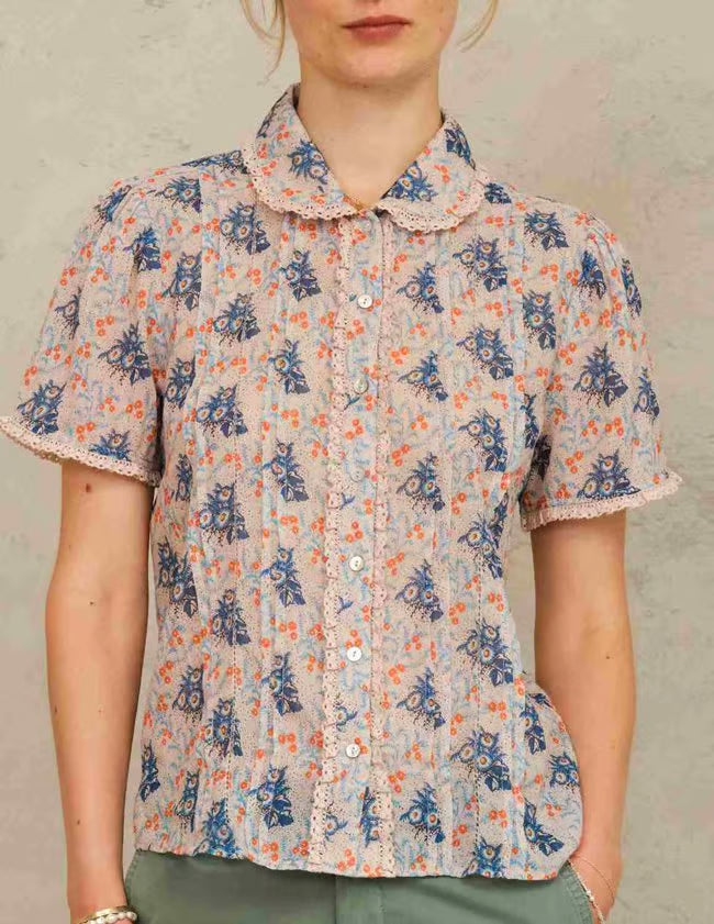 M.A.B.E Aster Blouse – Multi | Floral Cotton Lace Trim Top