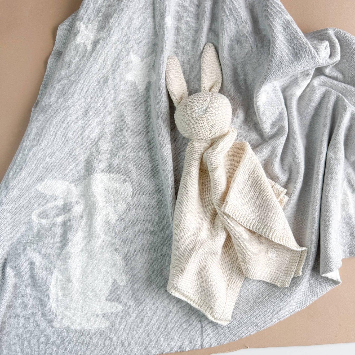 The Blueberry Hill - Set Star Moon Bunny Blanket Lovey Gift Baby Shower Organic: Blanket + Cream Lovey