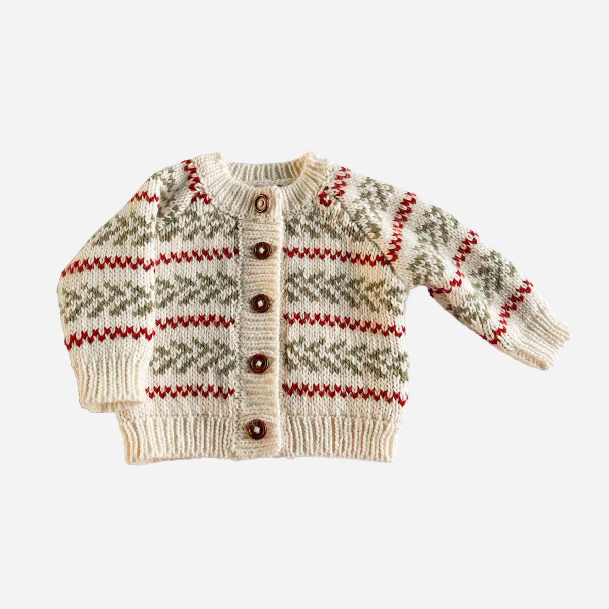 The Blueberry Hill - Evergreen Cardigan Christmas Red Green Pine Stripe Holiday: Cream / M 2-3y