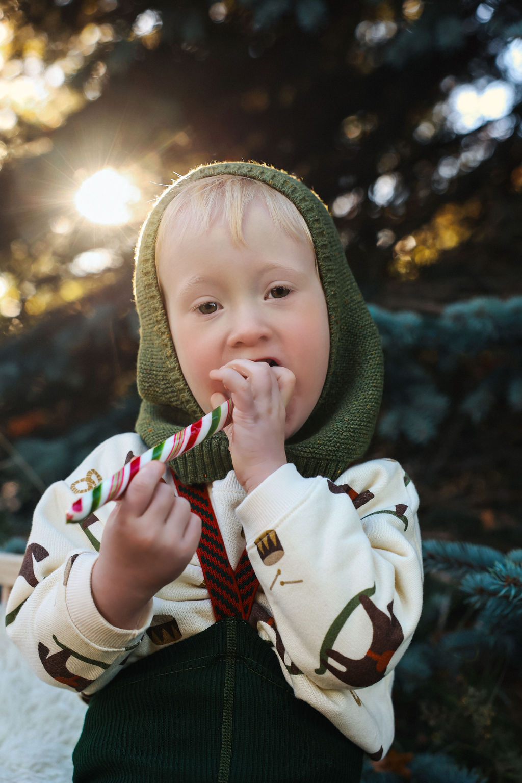 Silly Silas Footless Dark Forest Green Christmas Patterned — official lifestyle view 4