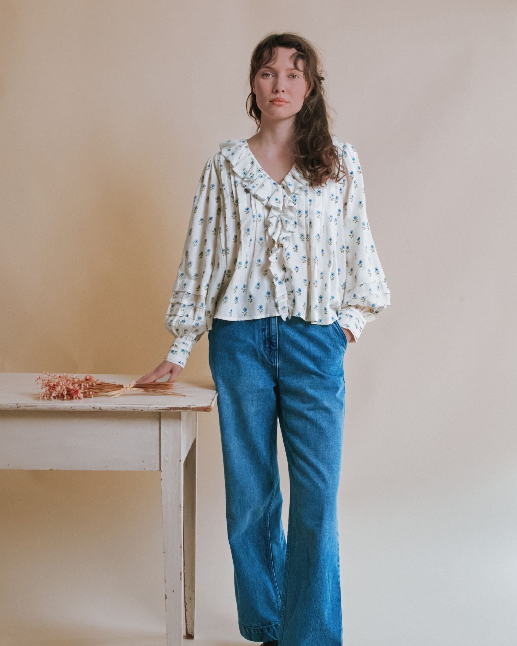 Emile et Ida Scarlet Floral Khadi Ruffle Blouse