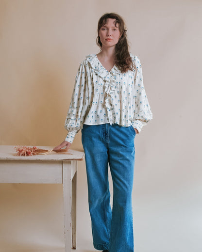 Emile et Ida Scarlet Floral Khadi Ruffle Blouse