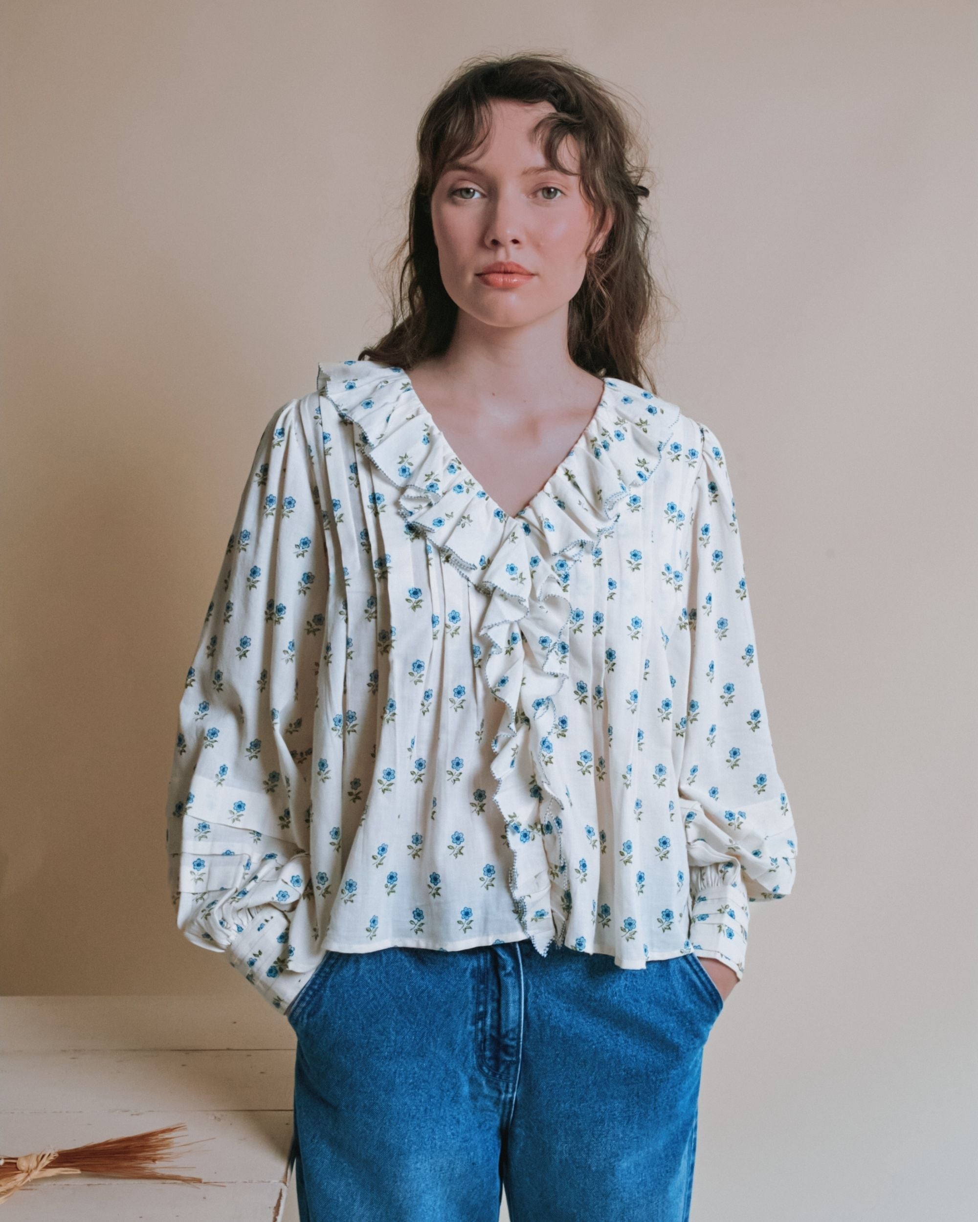 Emile et Ida Scarlet Floral Khadi Ruffle Blouse
