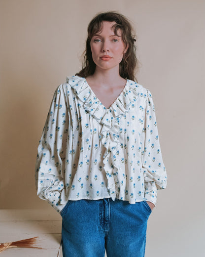 Emile et Ida Scarlet Floral Khadi Ruffle Blouse