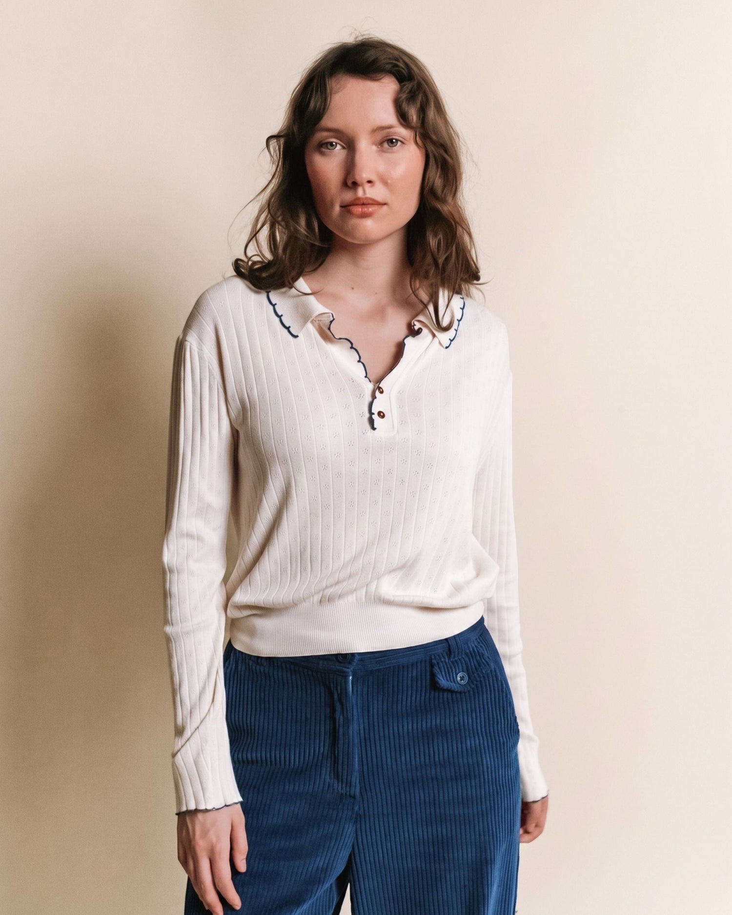 Emile et Ida Ecru Pointelle Long-Sleeve Polo