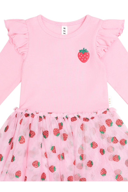 Huxbaby Strawberry Emb Long Sleeve Tulle Dress in Strawberry Crème, alternate view