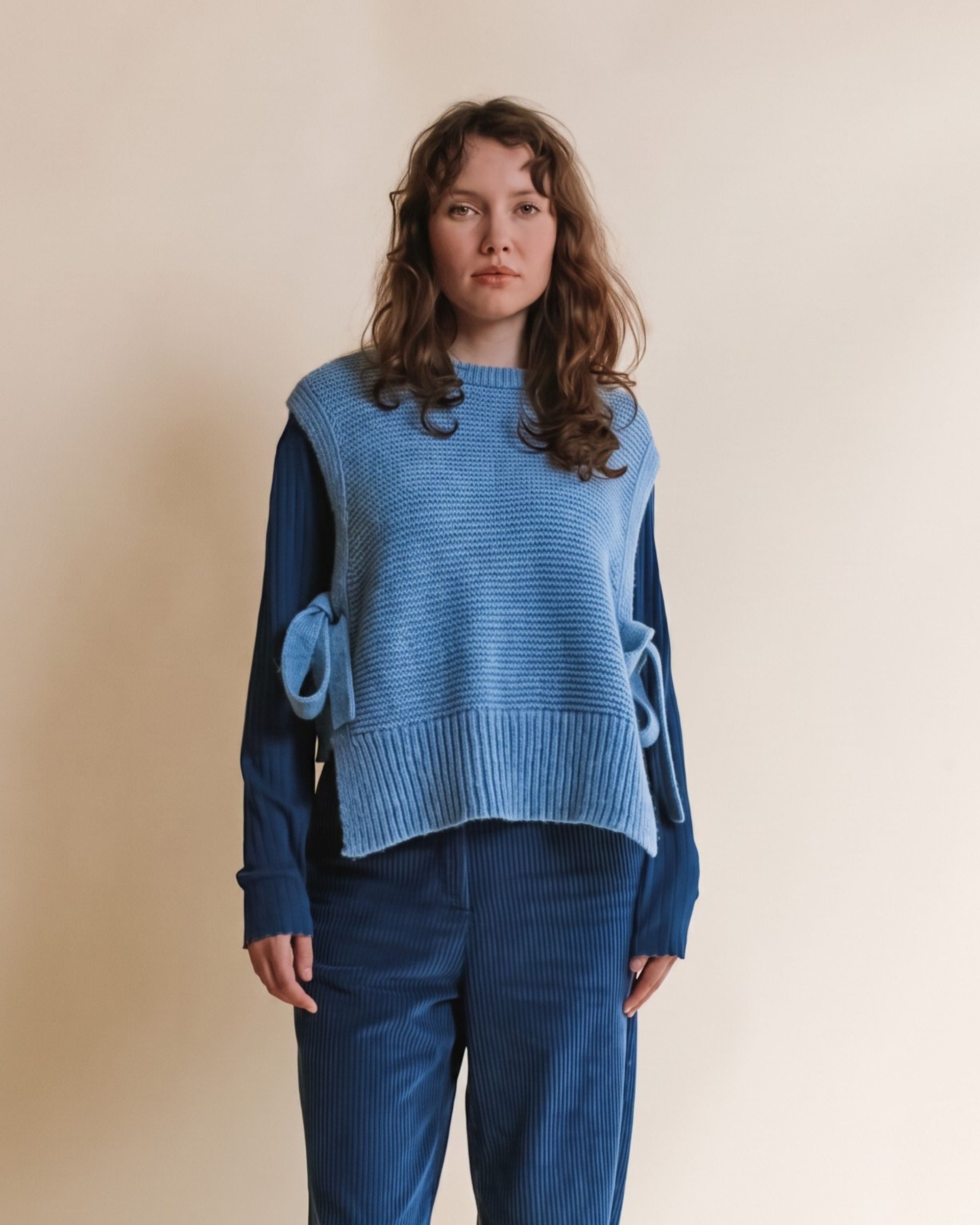 Emile et Ida Blue Sleeveless Bow Knit Top