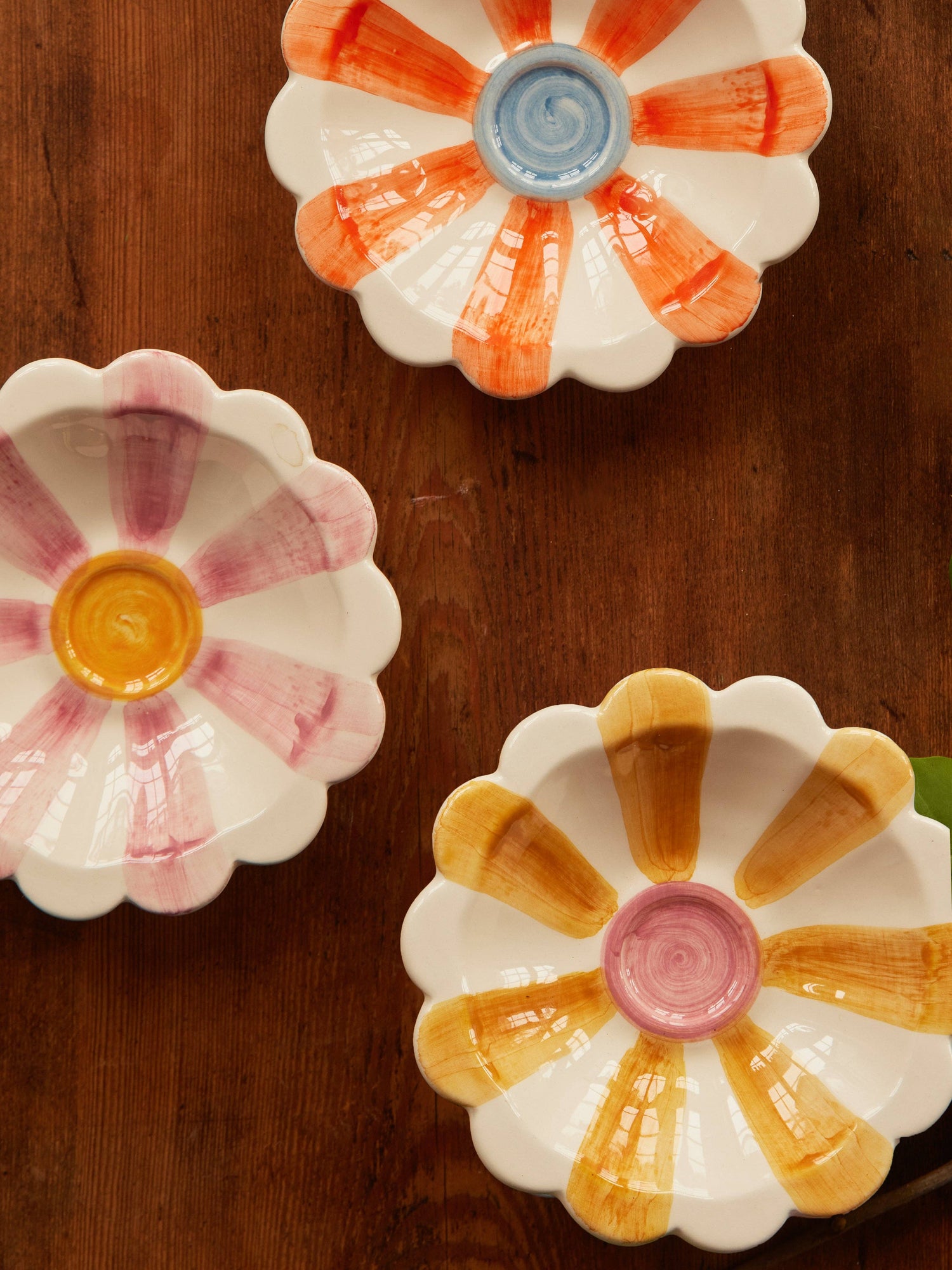 RicebyRice - Ceramic Flower Dipping Bowl with Pink Hand Painted Stripes