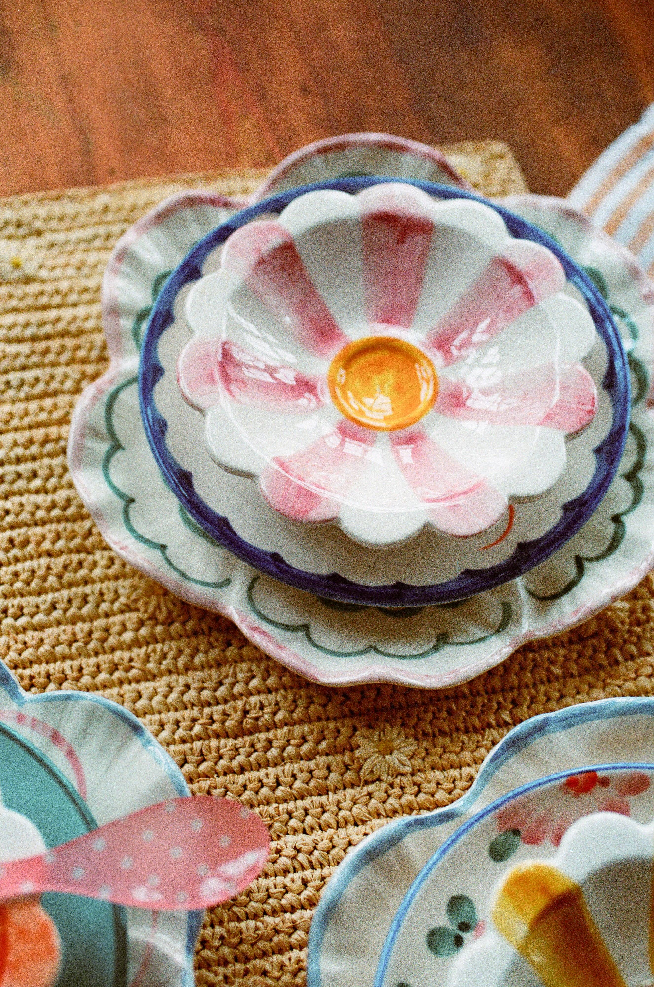 RicebyRice - Ceramic Flower Dipping Bowl with Pink Hand Painted Stripes